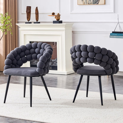 Set Of 2 Gray Puffy Bubble Chair Ball Chain Chair Velvet Dining Chairs With Black Legs - view 4