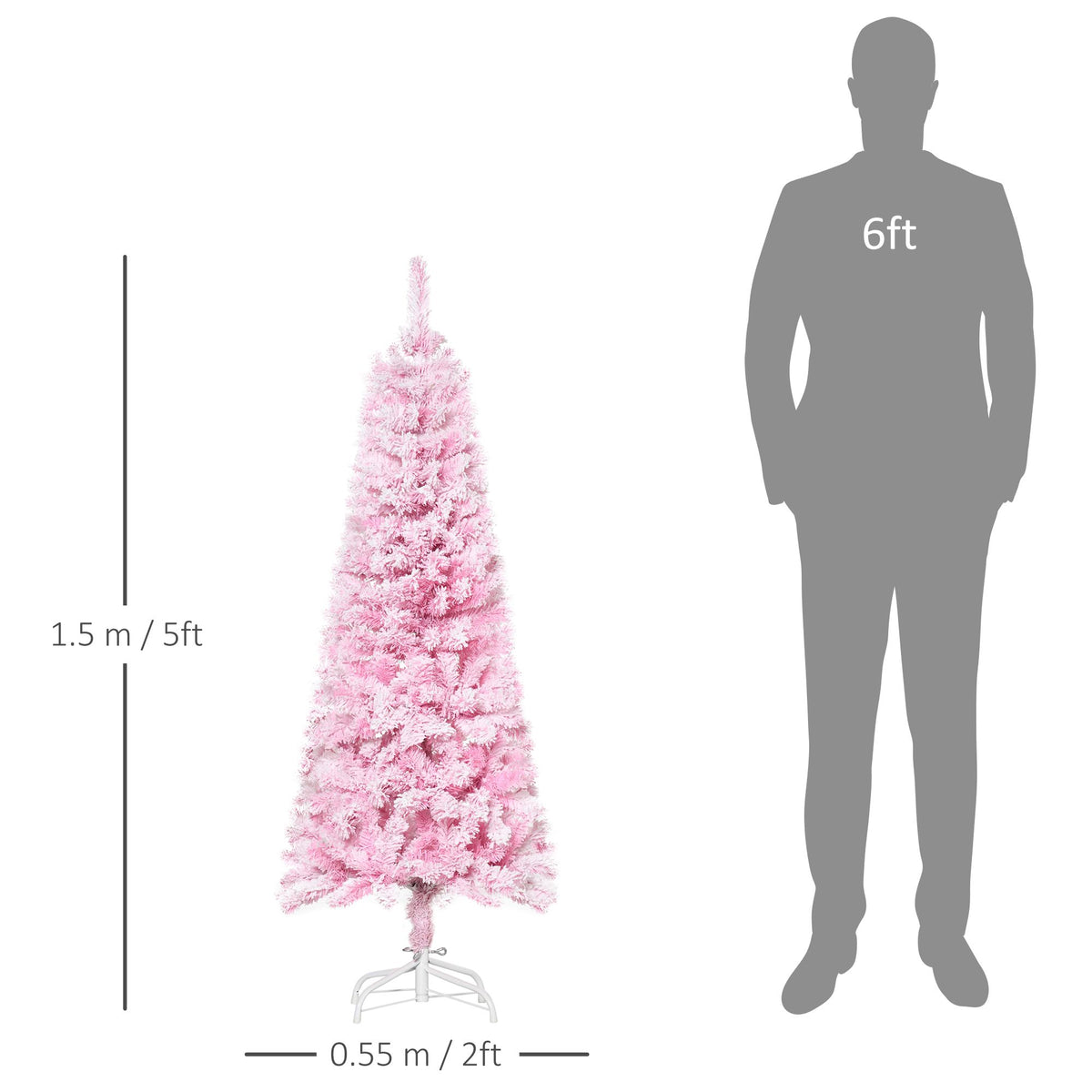 5 FT Snow Flocked Artificial Christmas Tree, Pencil Xmas Tree With Realistic Branches, Auto Open And Steel Base, Pink - view 2