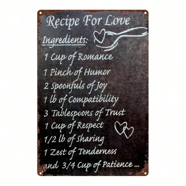 Vintage Recipe For Love Metal Wall Sign, 2D Flat Retro Iron Tin Wall Art 8x12 Inch