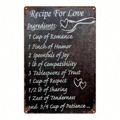 Vintage Recipe For Love Metal Wall Sign, 2D Flat Retro Iron Tin Wall Art 8x12 Inch
