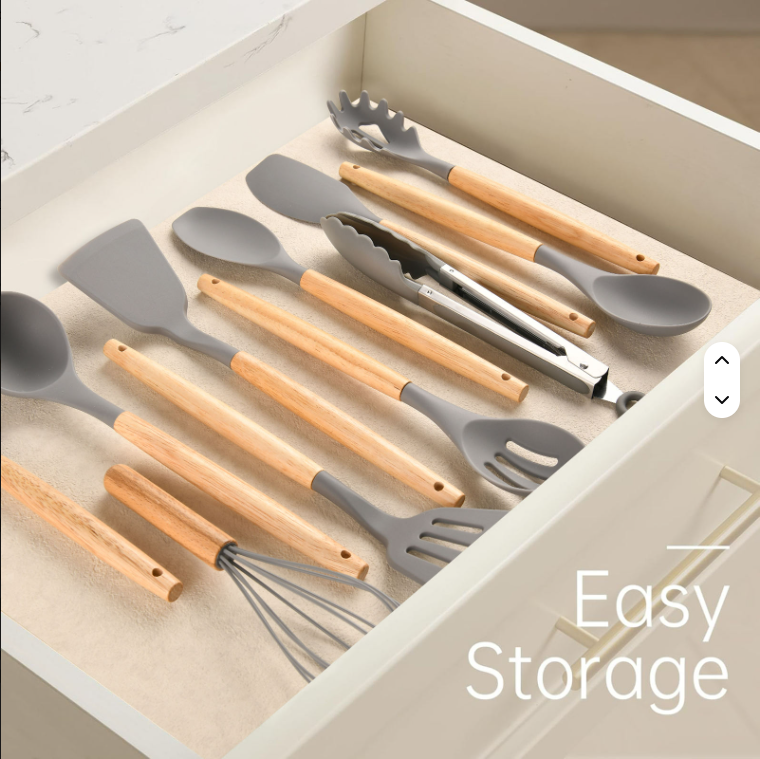 Non-Stick Silicon 12 Pcs Heat Resistant Wooden Handle Kitchen Cooking Utensils Set, Gray Color - view 4