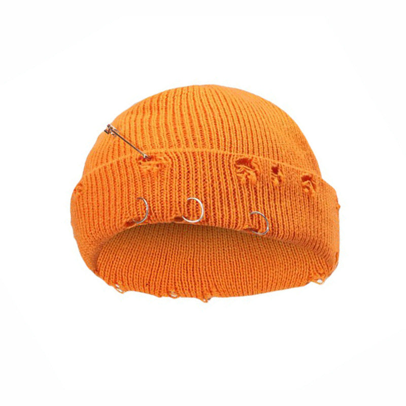 Iron Ring Pin Ripped Knit Beanie - view 3