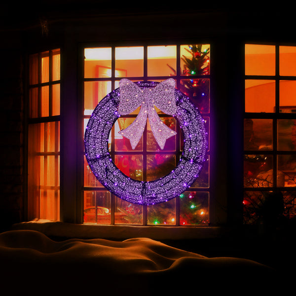 36in Pre-lit Outdoor Christmas Wreath Decoration, Lighted Metal Wreath With Purple Bow - view 4