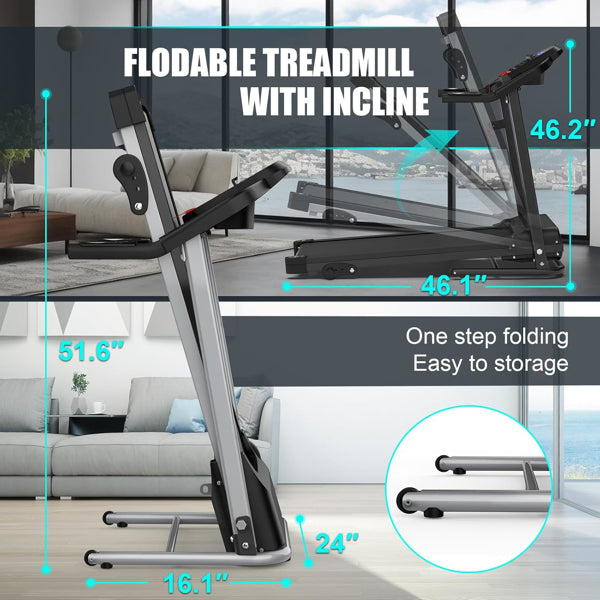 Compact Folding Treadmill For Home - 2.5HP Quiet Brushless Motor, 3-Level Incline, 7.5 MPH, Shock Absorption - view 5