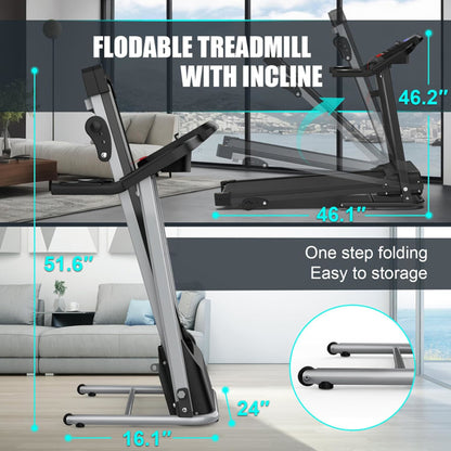 Compact Folding Treadmill For Home - 2.5HP Quiet Brushless Motor, 3-Level Incline, 7.5 MPH, Shock Absorption - view 5