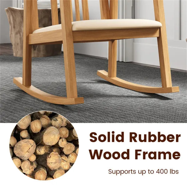 Solid Rubber Wood Rocking Chair, 400 LBS Weight Capacity Indoor Lounge Chair With Linen Cushion-Natural - view 4