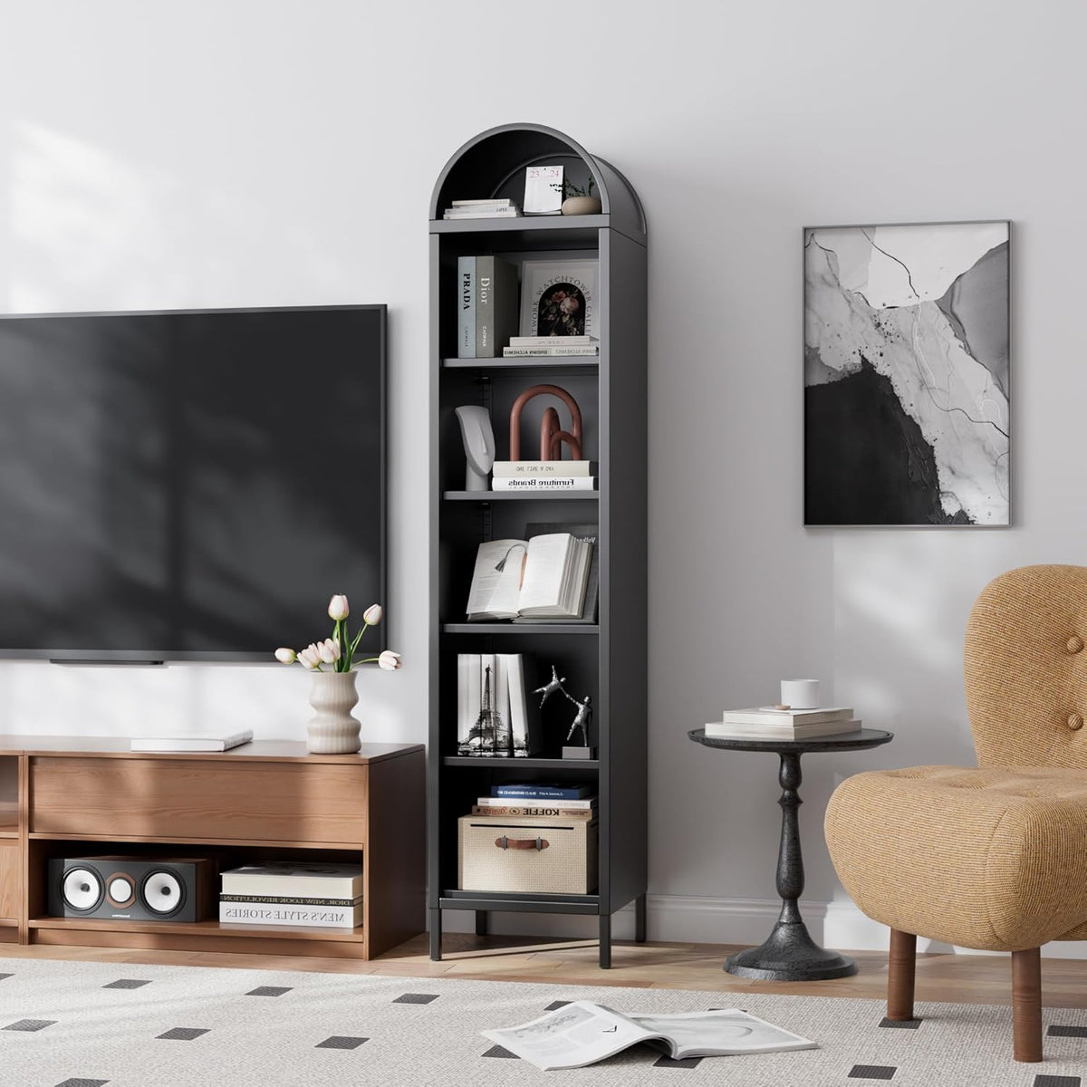 Narrow Arched Bookshelf,6-Tier Metal Arch Bookcase,Freestanding Storage Organizer With 4 Shelves - view 2