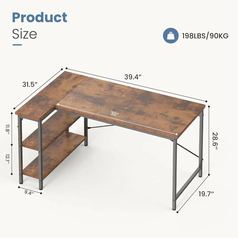 L-shaped Office Desk, 39-55inch Computer Desk, Writing Work Desk With Reversible Storage Rack - view 2