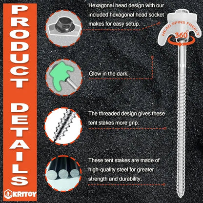 20-Pack Heavy-Duty Screw-In Tent Stakes | Glow-in-the-Dark Heads | Hex Driver & Storage Box Included - view 5
