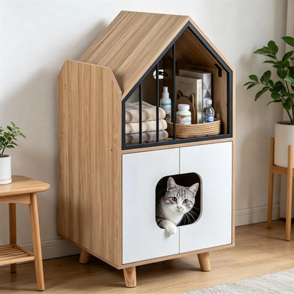 Natural & White Hidden Cat Litter Box Furniture, Elevated Cat Lounge Top Enclosed Cat Washroom Cabinet with Raised Legs - view 10