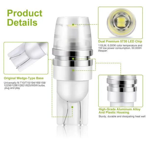 10PCS T10 LED Bulbs 194 LED Lights 12V 1W 5730 Xenon White Wedge Base LED Replacement Bulbs For License Plate Parking - view 3