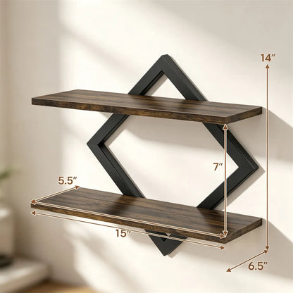 Black Rustic Brown 2Tier Floating Wall Shelves Set of 2, Diamond Metal Frame Wall Mounted Storage Shelves for Living - view 8
