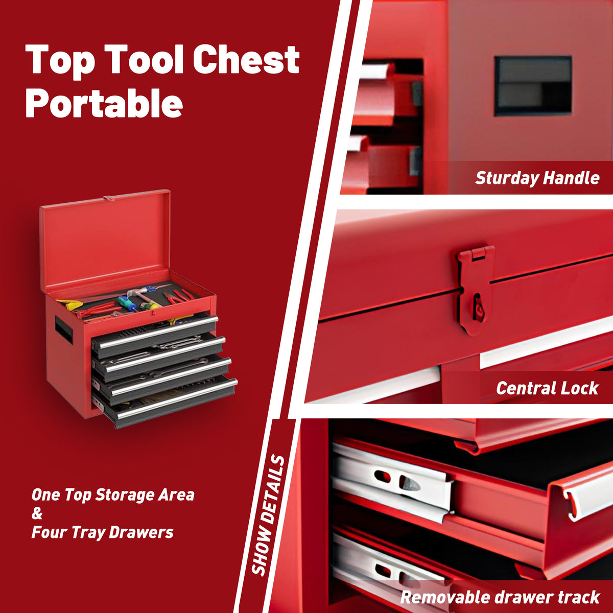 Tool Chest, 5-Drawer Rolling Tool Storage Cabinet With Detachable Top Tool Box, Liner, Universal Lockable Wheels - view 2