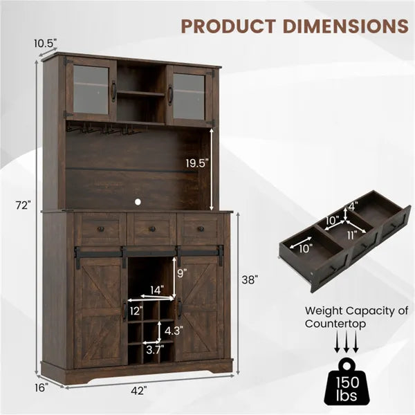 Brown Farmhouse 72" Pantry Cabinet With Hutch, Sliding Barn Doors & Wine Storage Rack - view 5