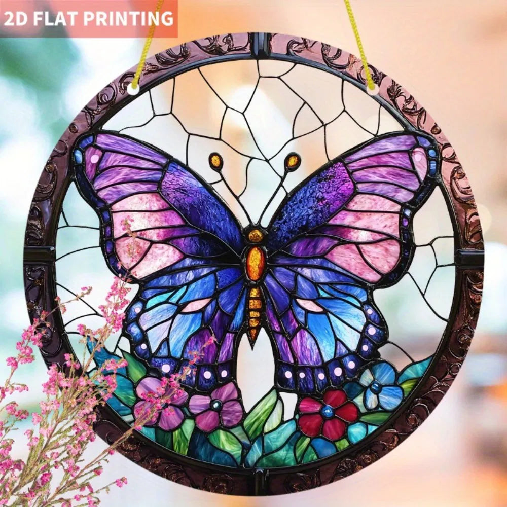 High Definition Transparent Round Purple Butterfly Floral Acrylic Sun Catcher Window Decoration for Home Garden - view 3