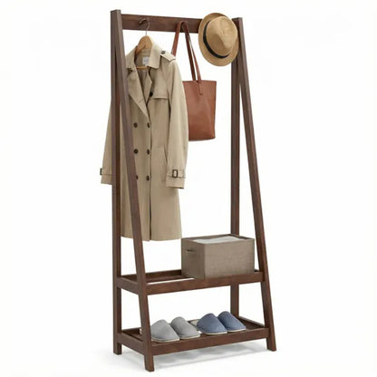 100% Solid Rubber Wood Freestanding Coat Rack, A-Frame Stable Garment Hanger With 3 Hooks & 2 Shelves