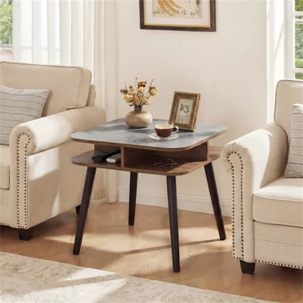 Faux Marble Side Table With 4-Sided Storage Shelves, 24" Square End Table For Living Room Bedroom - view 3
