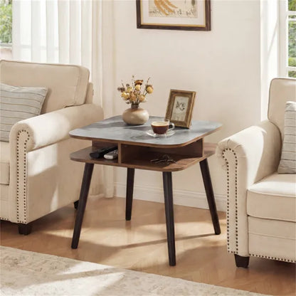 Faux Marble Side Table With 4-Sided Storage Shelves, 24" Square End Table For Living Room Bedroom - view 3
