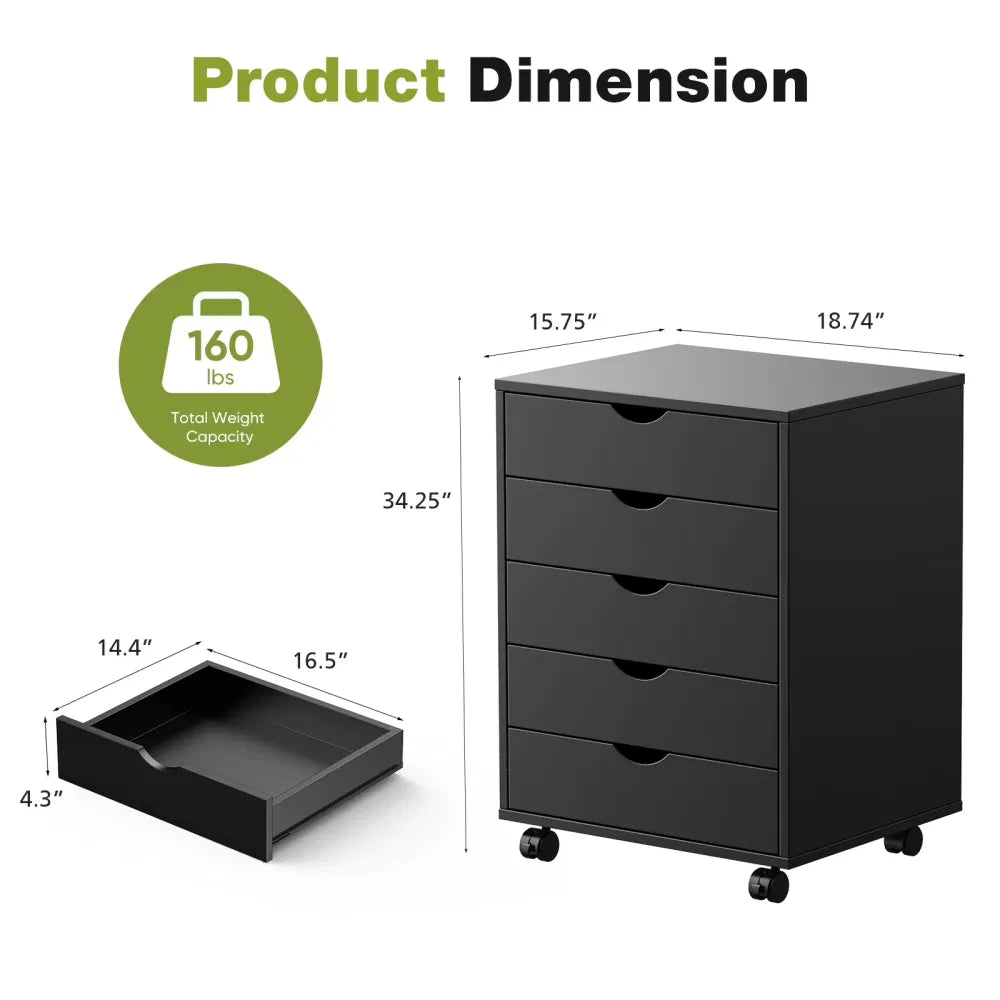 5 DrawerStorageCabinet with Wheels for Bedroom,Home, Office Organization, Black - view 5