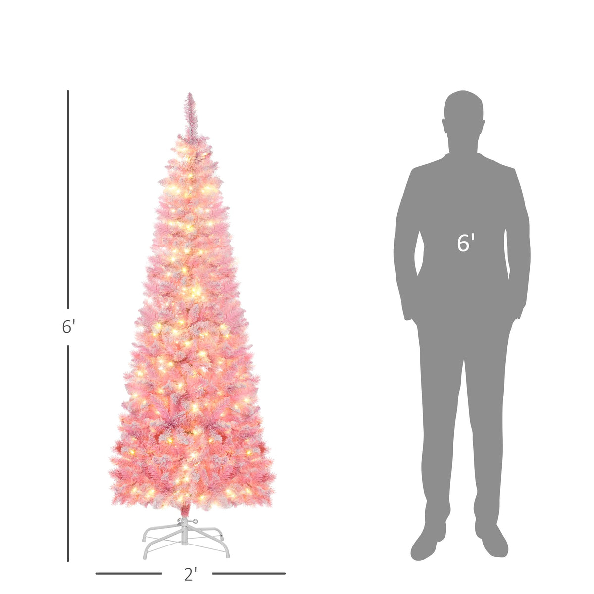 6 Foot Prelit Snow Flocked Artificial Christmas Tree With Pencil Shape, 500 Pine Realistic Branches - view 5
