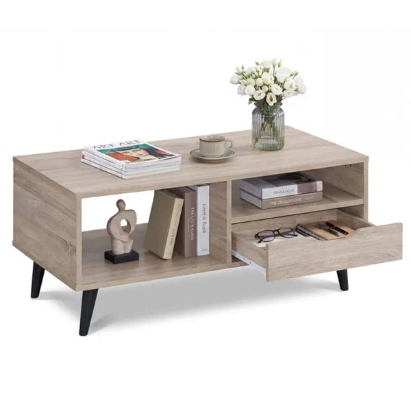 36.5" Rustic Coffee Table With Drawer & Open Shelves, Engineered Wood Center Table For Living Room Natural - view 2