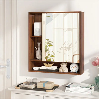 2 In 1 Mirrored Bathroom Wall Cabinet, Space-Saving Medicine Cabinet With Hidden Storage & Shelves - Walnut - view 5
