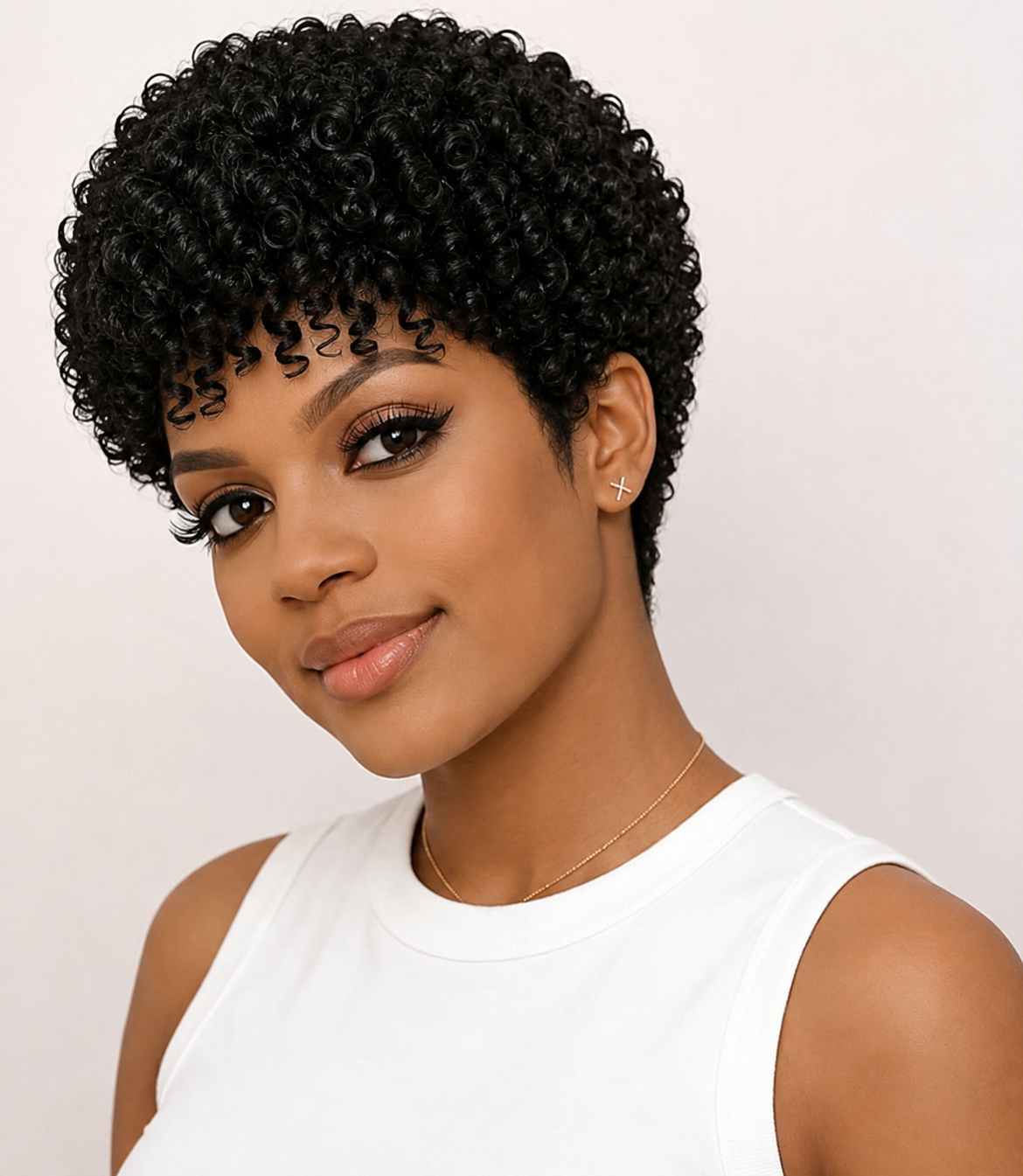 Pixie-style Human Hair Wig, Natural Color, Jerry Curly Texture, 4-inch Length. - view 9
