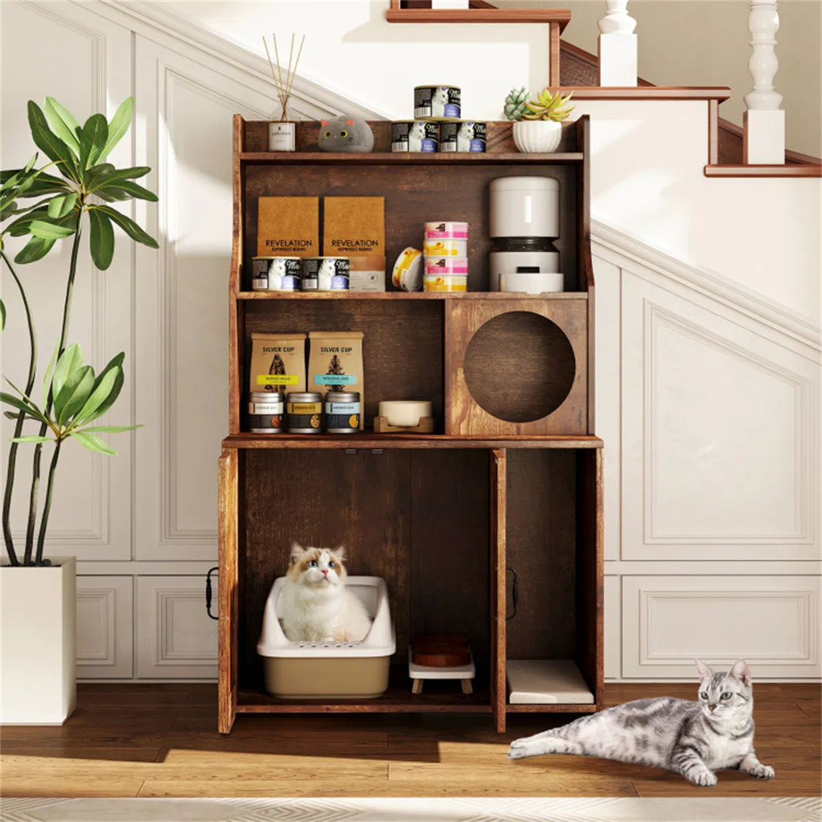 Wooden Hidden Cat Litter Box Enclosure with Storage Shelves Anti-Toppling Design Industrial Style Brown - view 5