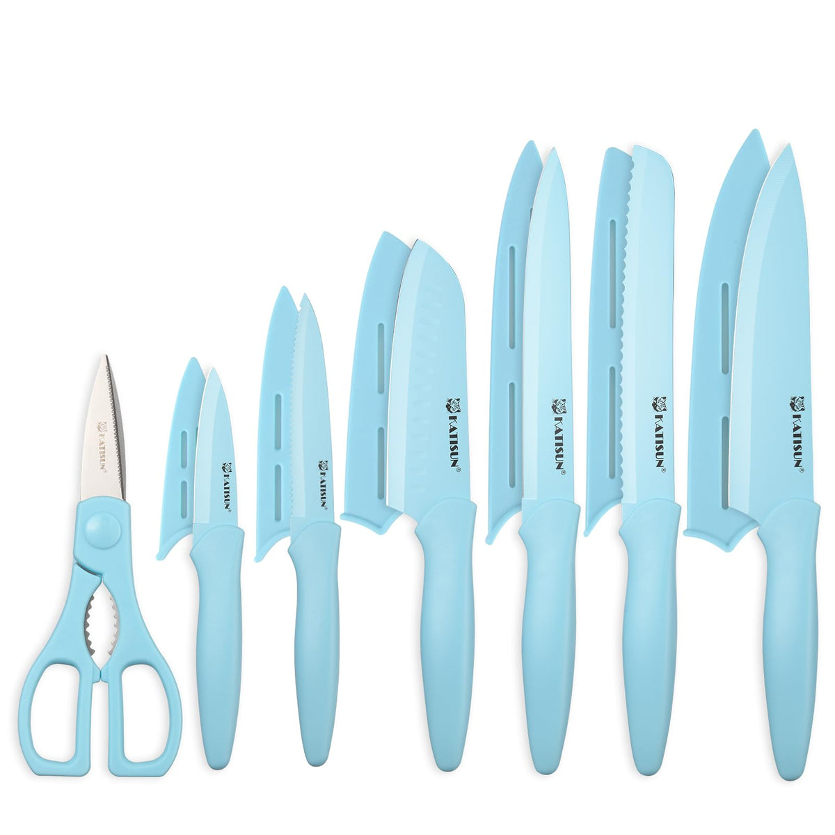 Kitchen Knife Set With Guards, 13 Piece Blue Non-Stick Stainless Steel Boxed Knives Set, Anti-Rust And Dishwasher Safe