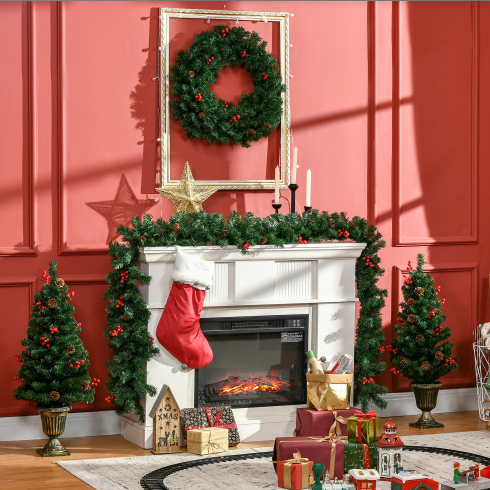 HOMCOM Prelit Holiday Christmas 4-Piece Set, Garland Wreath And Set Of 2 Entrance Trees With Warm White LED Lights - view 8