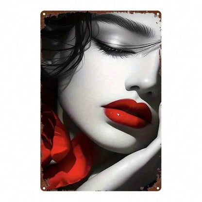 1pc Red Lips Rose Metal Sign 8x12 Inch, Vintage Printed Tin Plaque Iron Wall Art