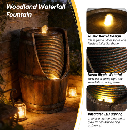 Outdoor Barrel Water Fountain With Lights Rustic Wood Look Resin Handmade Waterfall Garden Decor For Patio Yard Porch - view 10