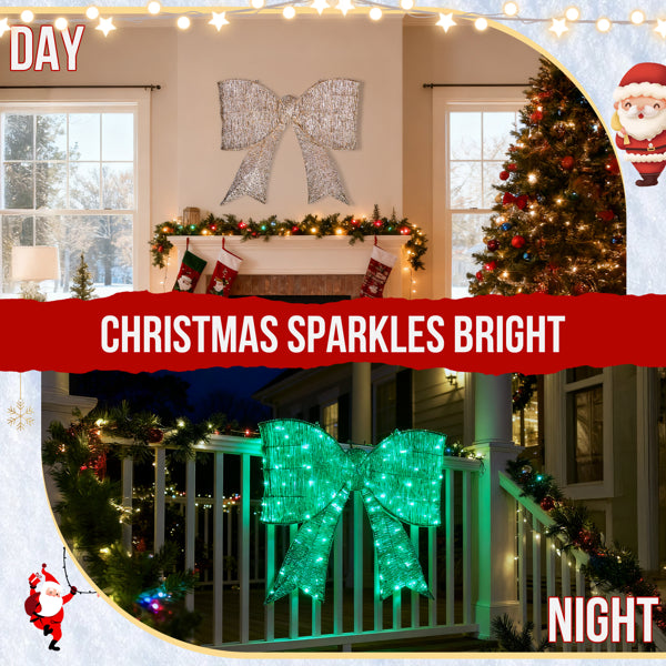 Pre-lit Outdoor Giant Bowknot Christmas Decoration, Lighted Metal Frame With 124 Green LED Lights - view 5