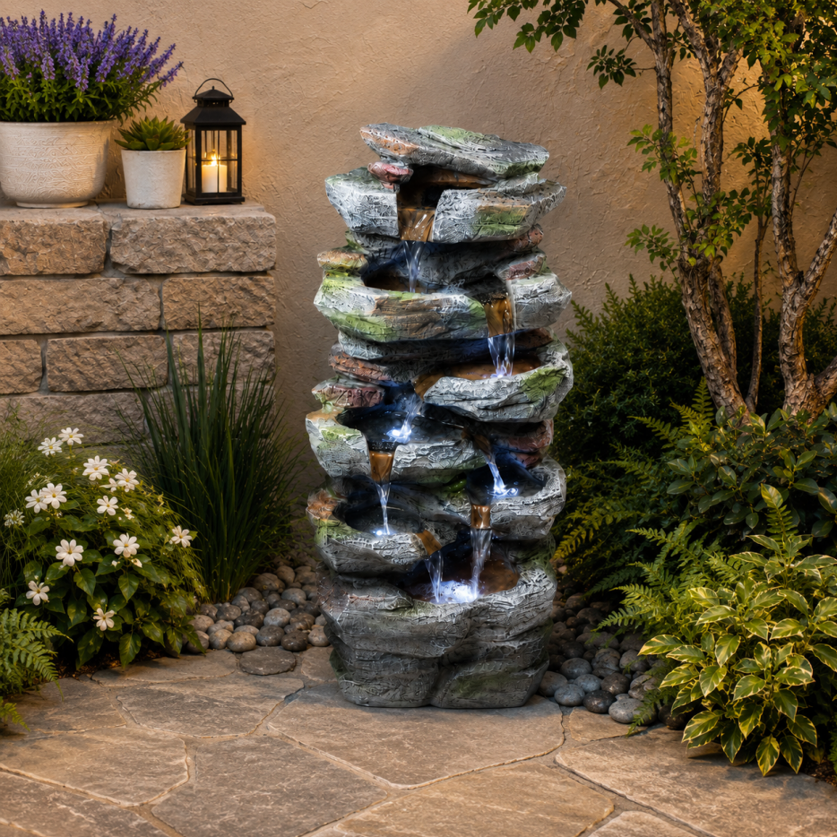 Rock Waterfall Outdoor Fountain With LED Lights Stone Garden Fountains Outdoor For Patio Lawn Cascading Tiered Outdoor - view 6