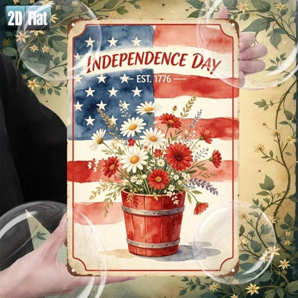 Independence Day 1776 Floral Metal Tin Sign, Inch Patriotic Iron Wall Art, Flag Decor With Pre-Drilled Holes Fo IkTok - view 2