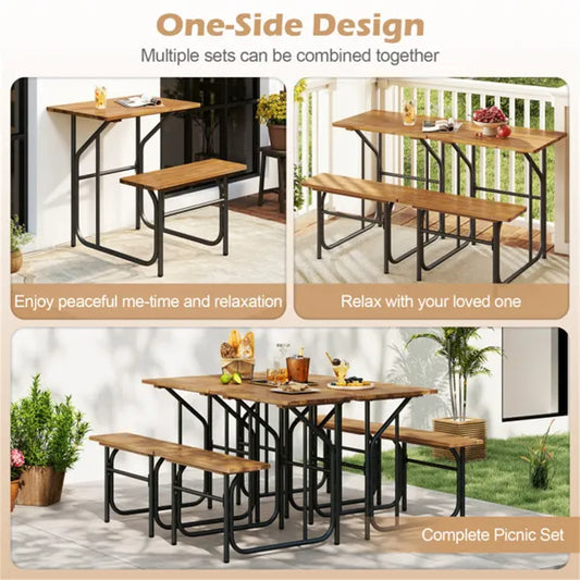 Unique One-Side Acacia Wood Patio Table & Bench Set, Combineable For Picnic & Leisure - view 2