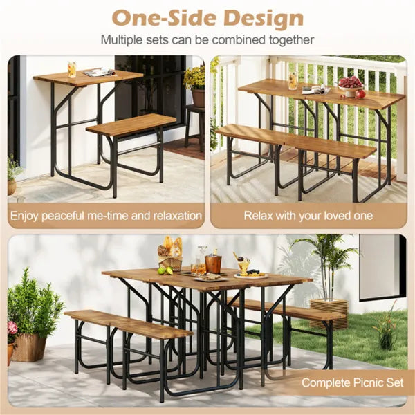 Unique One-Side Acacia Wood Patio Table & Bench Set, Combineable For Picnic & Leisure - view 2