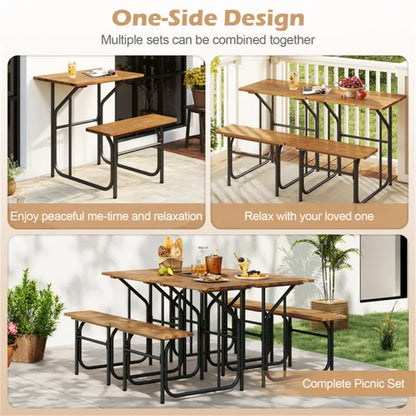 Unique One-Side Acacia Wood Patio Table & Bench Set, Combineable For Picnic & Leisure - view 2