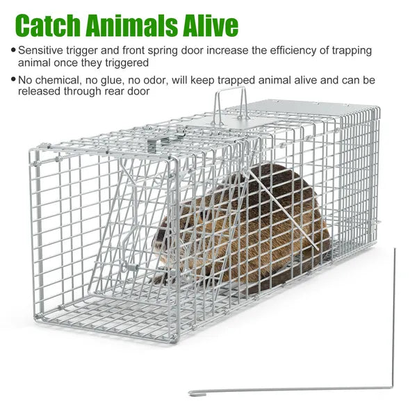 Humane Cat Trap Cage With Gloves Catch Release Live Animal Rodent Cage Collapsible Galvanized Wire For Raccoons Beavers - view 4