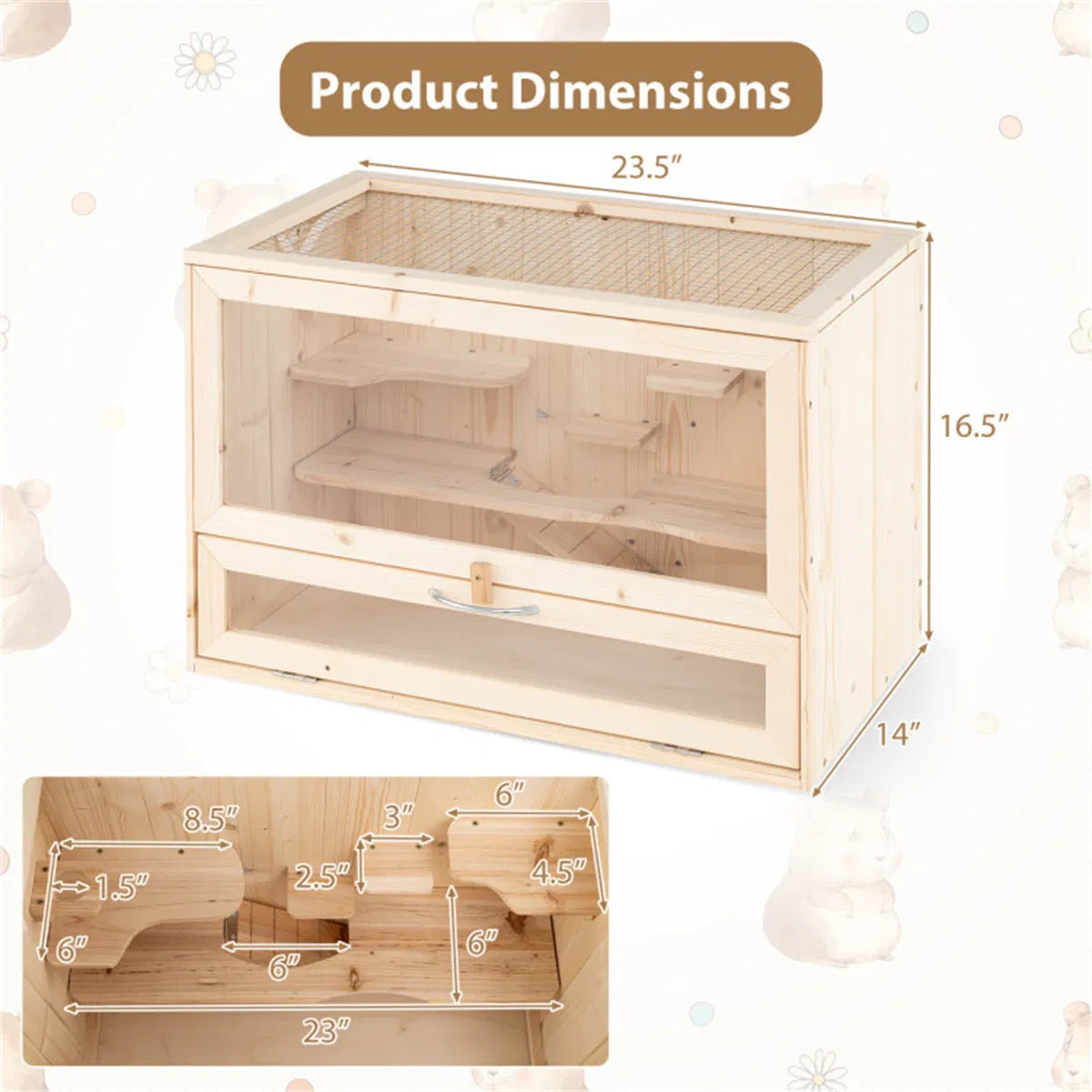 Fir Wood Hamster Cage with Flip Roof, Multi-Ladder Activity Areas for Guinea Pigs Hedgehogs - view 5