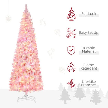 7.5 Foot Prelit Snow Flocked Artificial Christmas Tree With Pencil Shape, 700 Pine Realistic Branches - view 4
