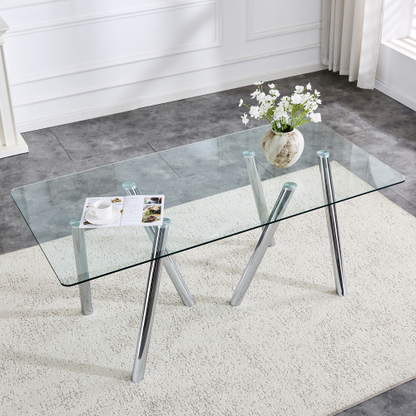 71-Inch Tempered Glass Dining Table With Sturdy Metal Legs