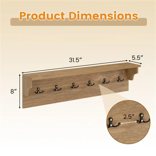 Wall Mount Coat Rack With Shelf - 31.5" x5.5" x8", 6 Hooks & 110LBS Capacity (Natural) - view 3