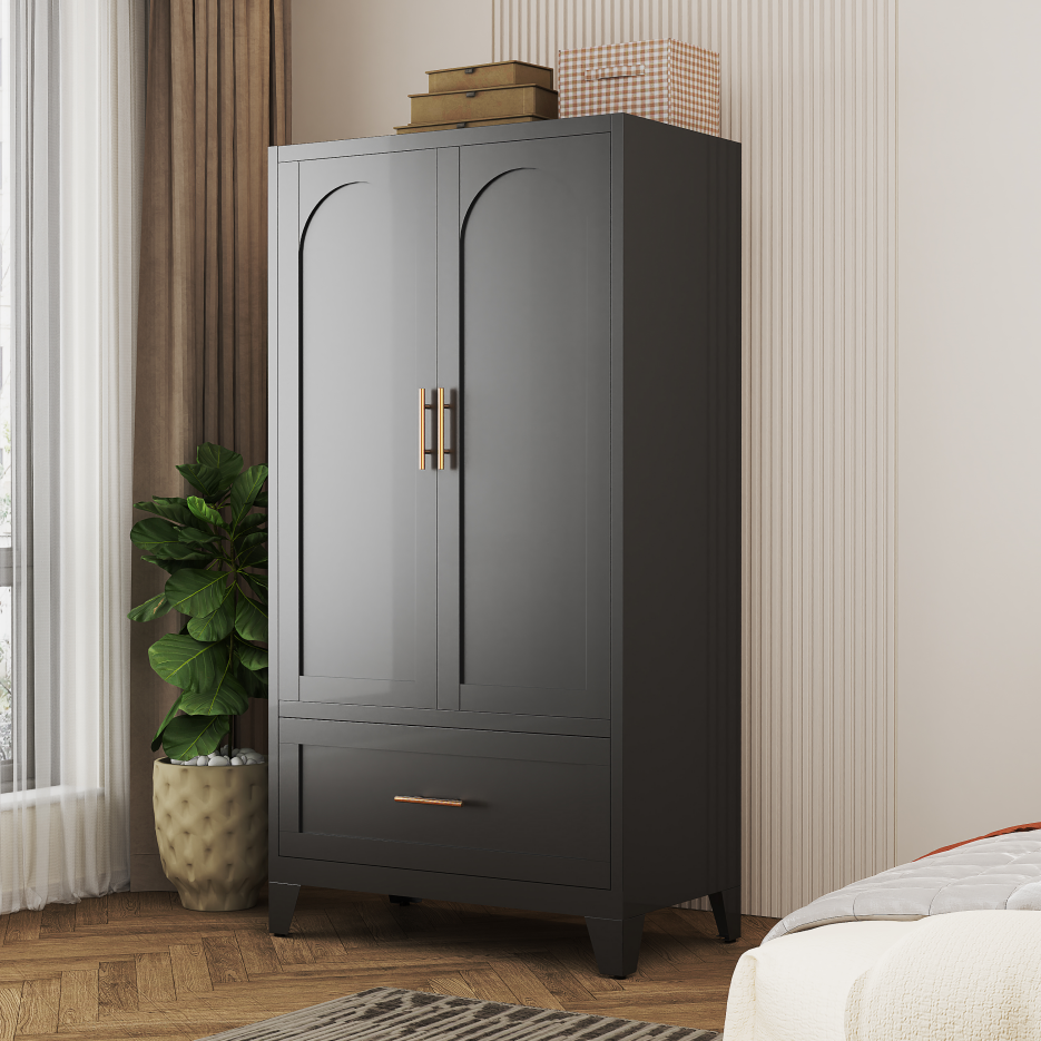 60inch Tall Metal Wardrobe Cabinet With 1 Drawer And Hanging Rod, 2 Doors Wardrobe Closet With Shelf For Bedroom - view 8