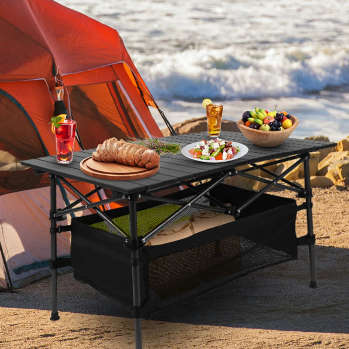 220 Lb Capacity Foldable Camping Table Aluminum Top & Steel Frame With Mesh Basket Portable BBQ Picnic Beach Table - view 6