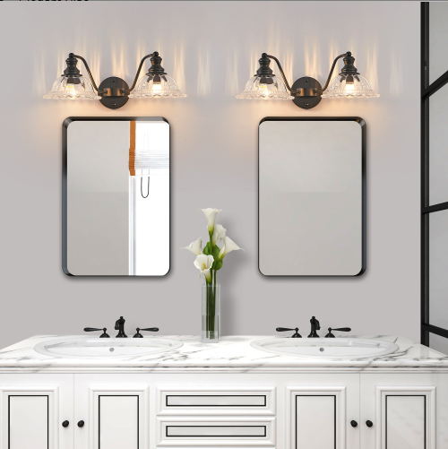 20 Inch 2-Light Vintage Bathroom Wall Sconce - Elegant Black Metal And Glass Lampshade Vanity Light Fixture - view 5