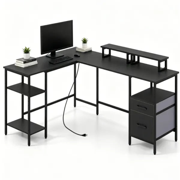 L-Shaped Corner Desk With Charging Station, Reversible Monitor Stand & Foldable Fabric Drawers