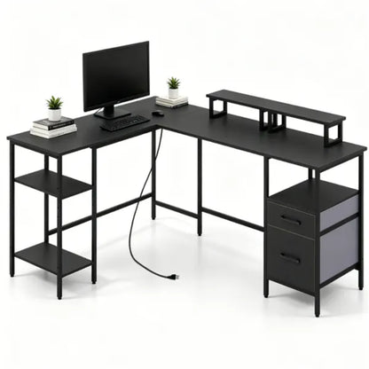 L-Shaped Corner Desk With Charging Station, Reversible Monitor Stand & Foldable Fabric Drawers