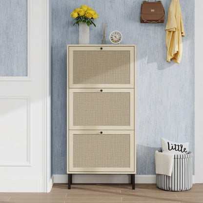 Rattan 3 Door Shoe Rack, Freestanding Modern Shoe Storage Cabinet, For Entryway