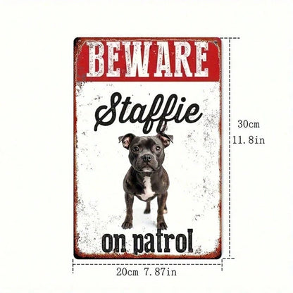Vintage Metal Sign "Beware Staffie On Patrol" 8x12 Inch Rustic Farmhouse Wall Decor Humorous Warning Plaque Durable Tin - view 4